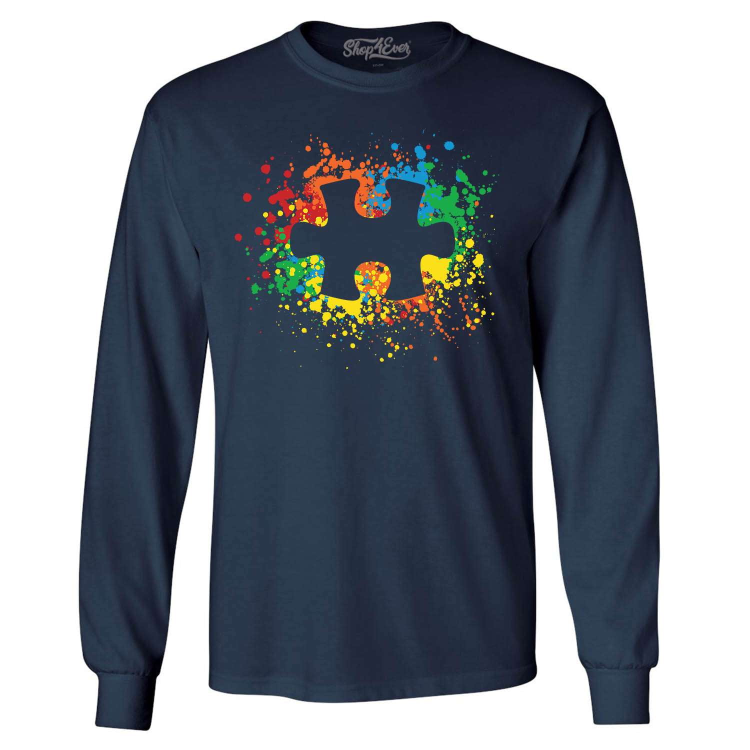 Shop4Ever Men's Autism Awareness Splatter Paint Puzzle Piece Long Sleeve Shirt XX-Large Navy