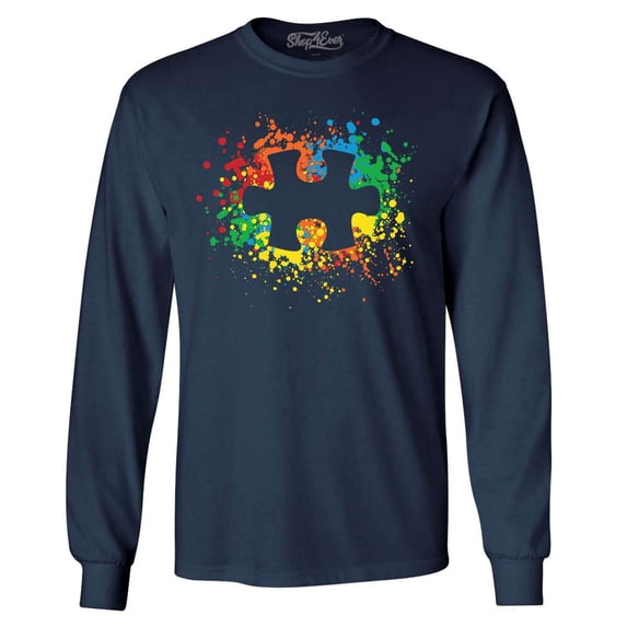 Shop4Ever Men's Autism Awareness Splatter Paint Puzzle Piece Long Sleeve Shirt XXX-Large Navy