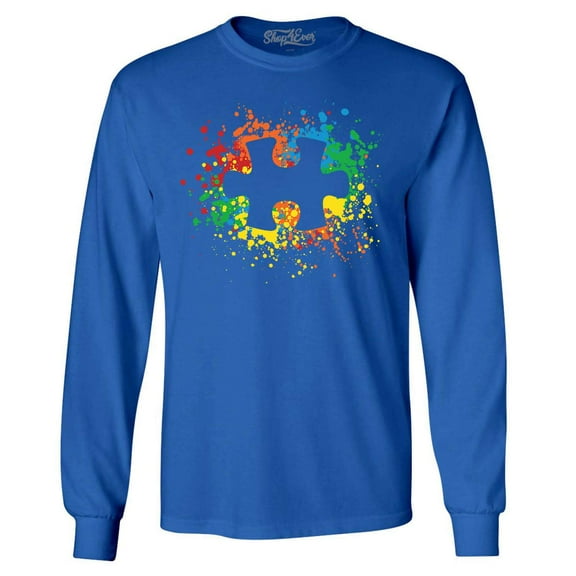 Shop4Ever Men's Autism Awareness Splatter Paint Puzzle Piece Long Sleeve Shirt XXX-Large Royal Blue
