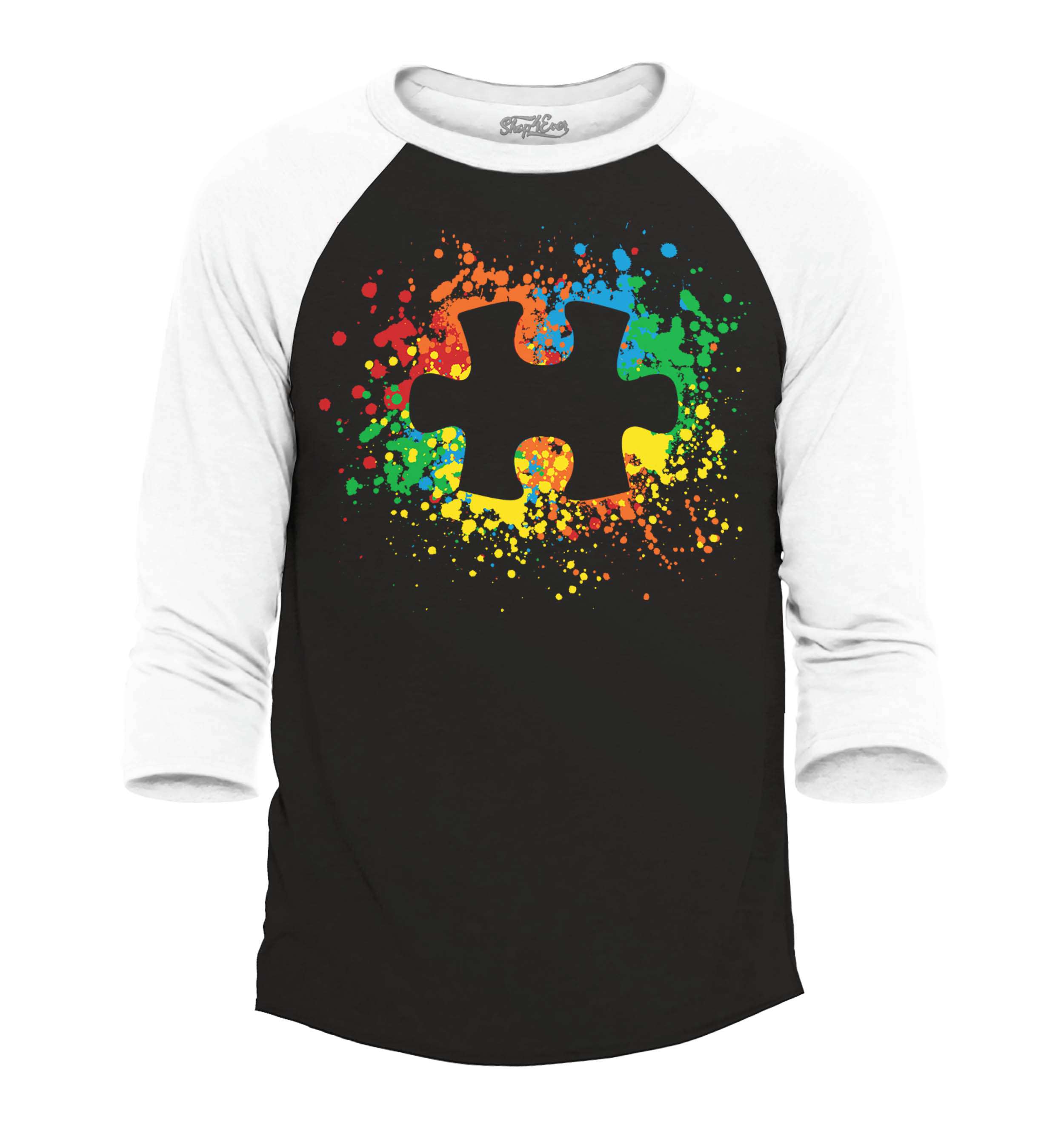 Shop4Ever Men's Autism Awareness Splatter Paint Puzzle Piece Raglan Baseball Shirt Medium Black/White