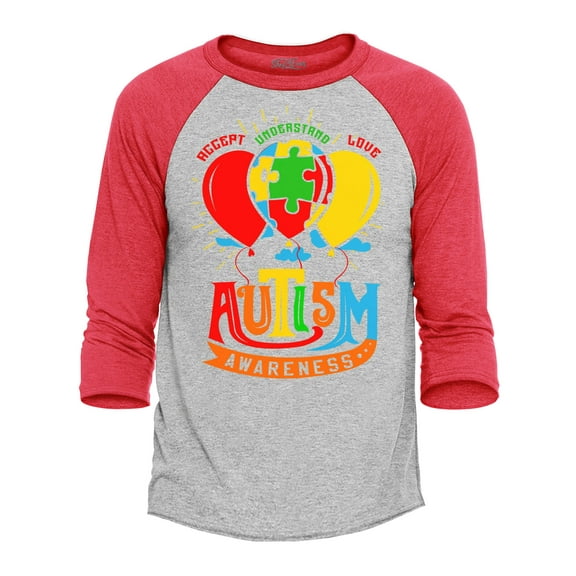 Shop4Ever Men's Autism Awareness with Balloons Raglan Baseball Shirt Small Heather Grey/Red