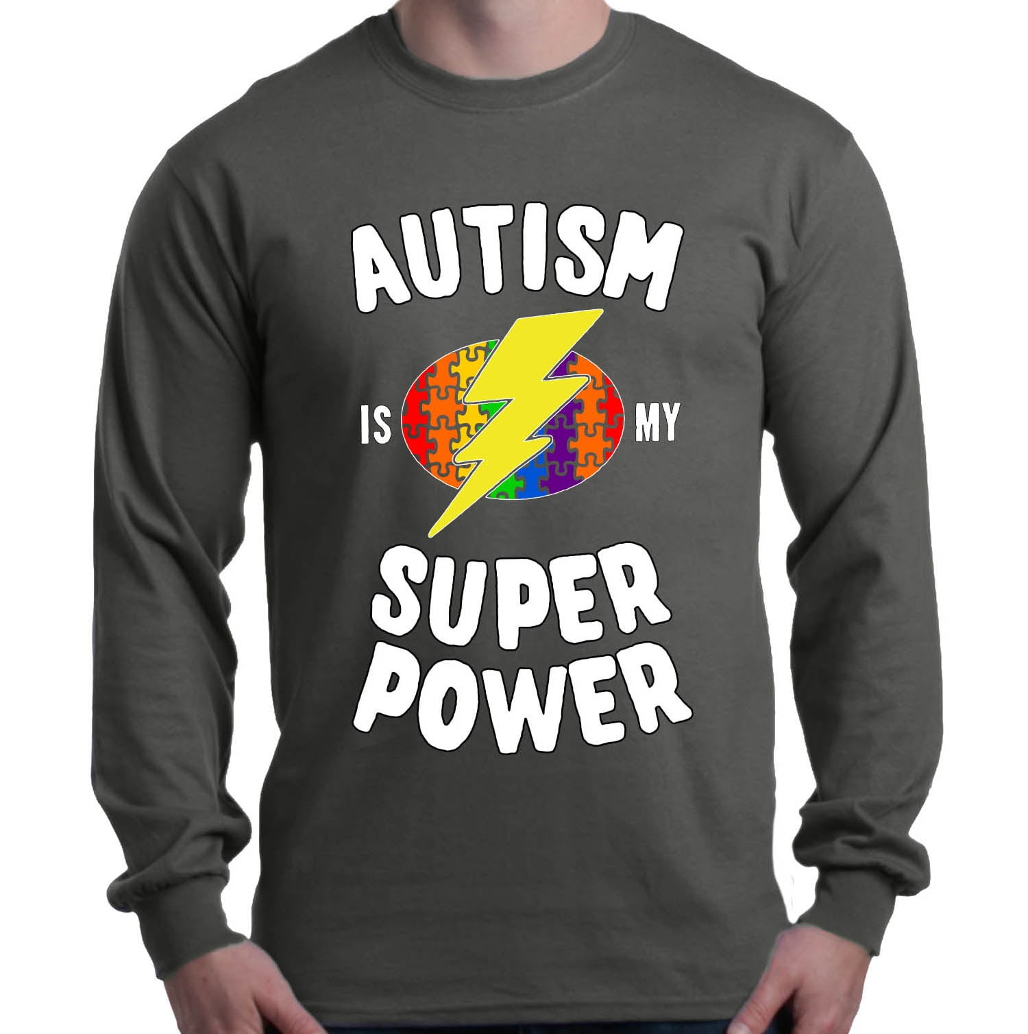 Shop4Ever Men's Autism Is My Super Power Autism Awareness Long Sleeve Shirt Medium Charcoal