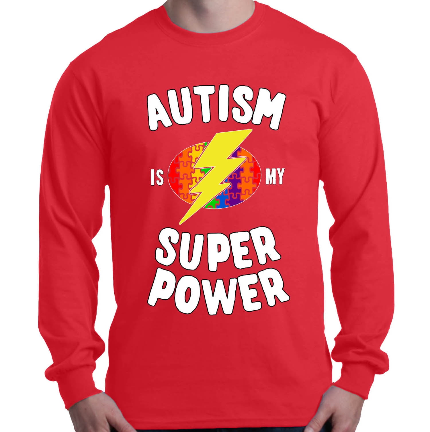 Shop4Ever Men's Autism Is My Super Power Autism Awareness Long Sleeve Shirt Small Red