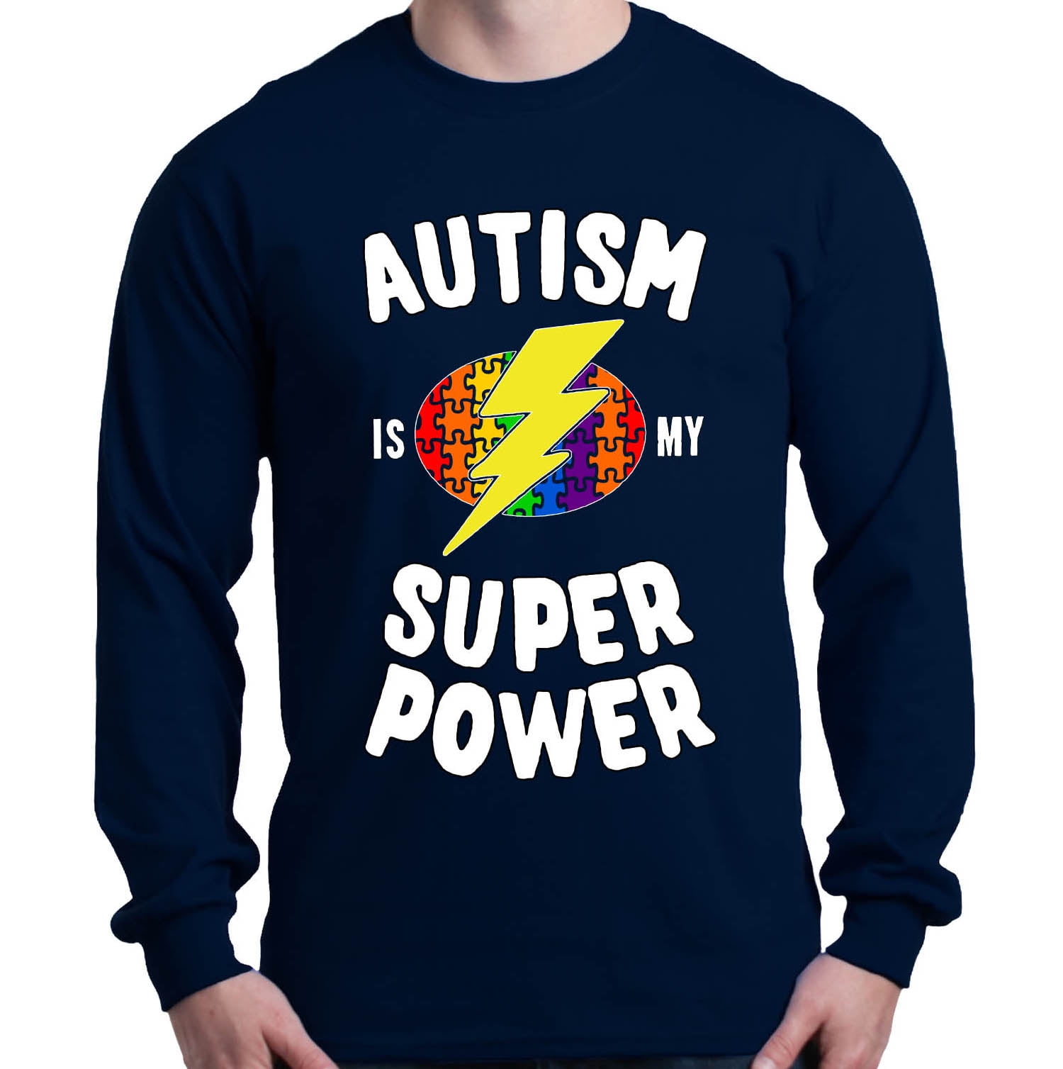 Shop4Ever Men's Autism Is My Super Power Autism Awareness Long Sleeve Shirt XX-Large Navy