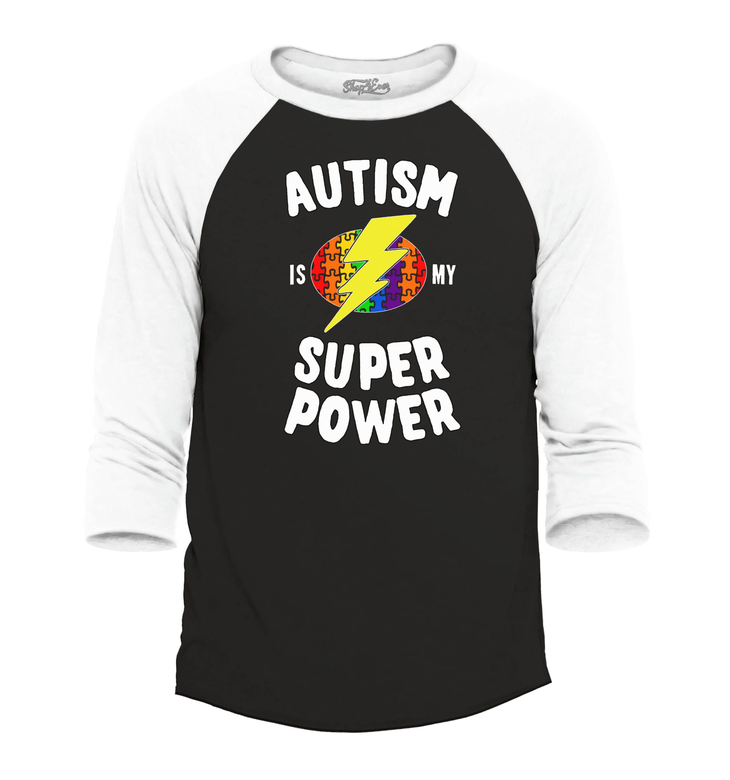 Shop4Ever Men's Autism Is My Super Power Autism Awareness Raglan Baseball Shirt Large Black/White