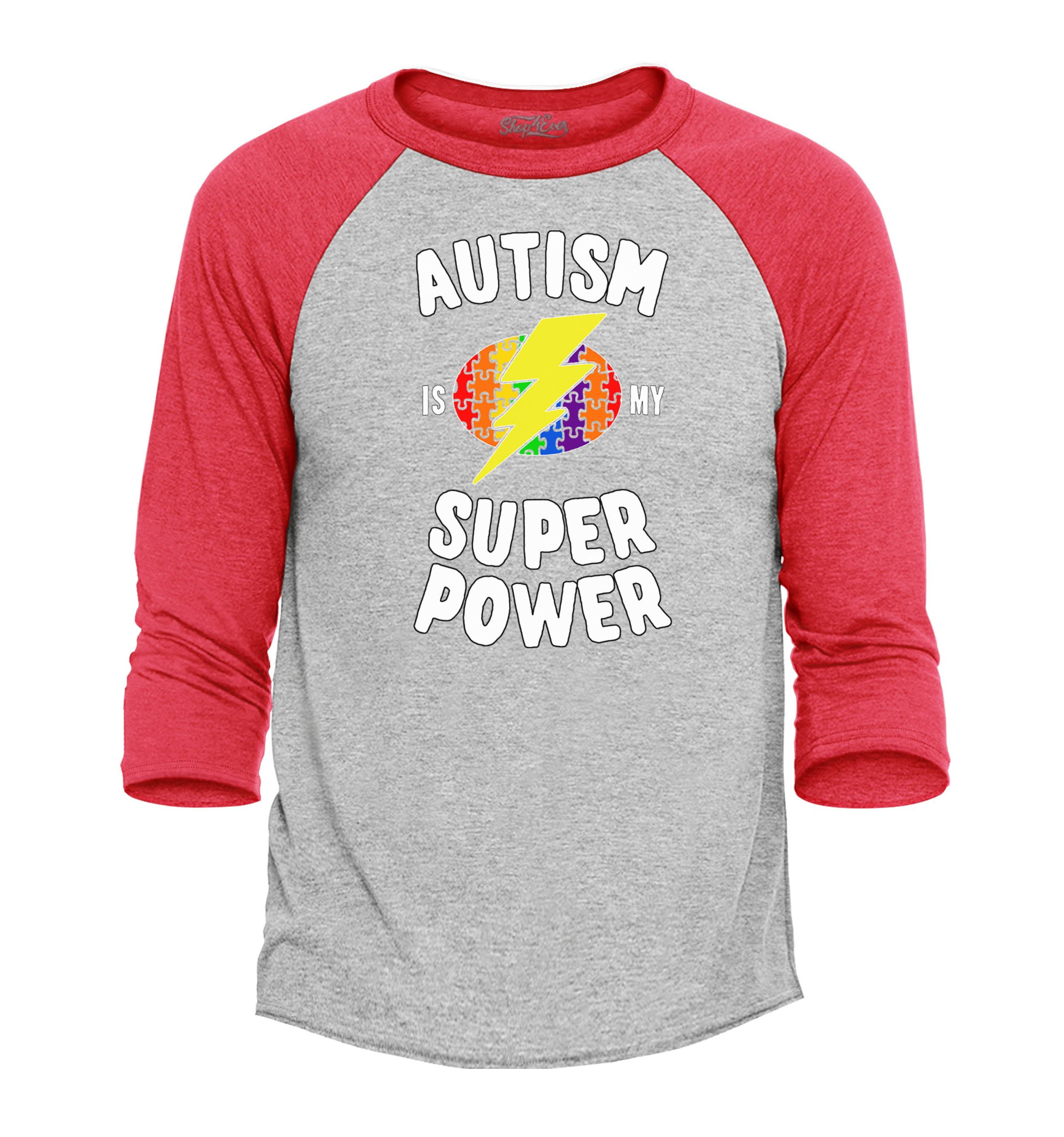 Shop4Ever Men's Autism Is My Super Power Autism Awareness Raglan Baseball Shirt Large Heather Grey/Red