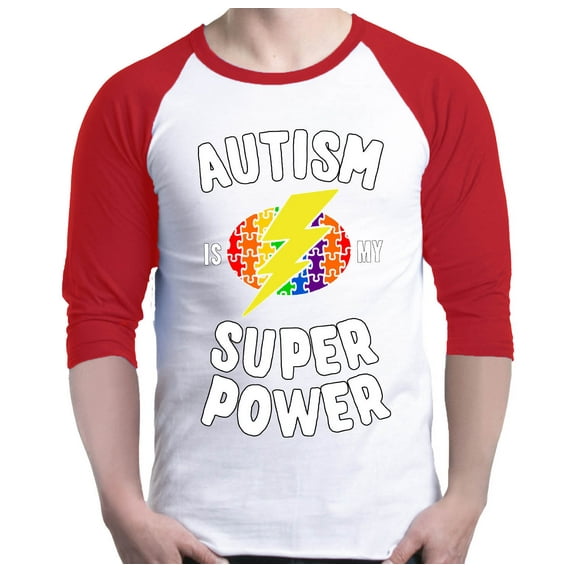 Shop4Ever Men's Autism Is My Super Power Autism Awareness Raglan Baseball Shirt Large White/Red