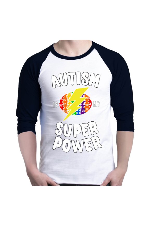 Men's Autism Is My Super Power Autism Awareness Raglan Baseball Shirt Small White/Black
