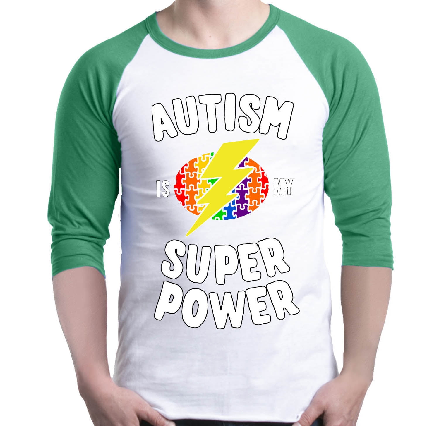 Shop4Ever Men's Autism Is My Super Power Autism Awareness Raglan Baseball Shirt Small White/Kelly