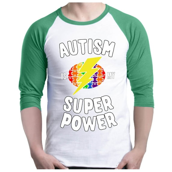 Shop4Ever Men's Autism Is My Super Power Autism Awareness Raglan Baseball Shirt X-Large White/Kelly