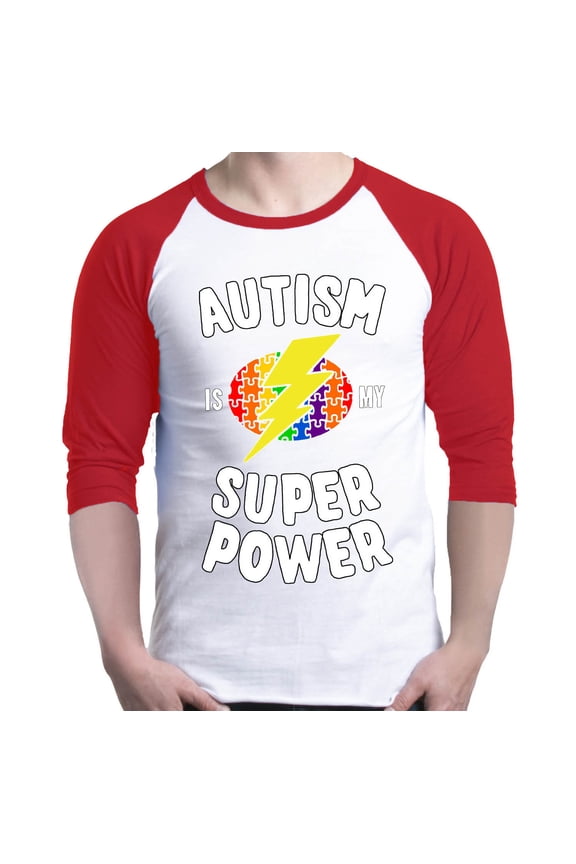 Men's Autism Is My Super Power Autism Awareness Raglan Baseball Shirt X-Large White/Red
