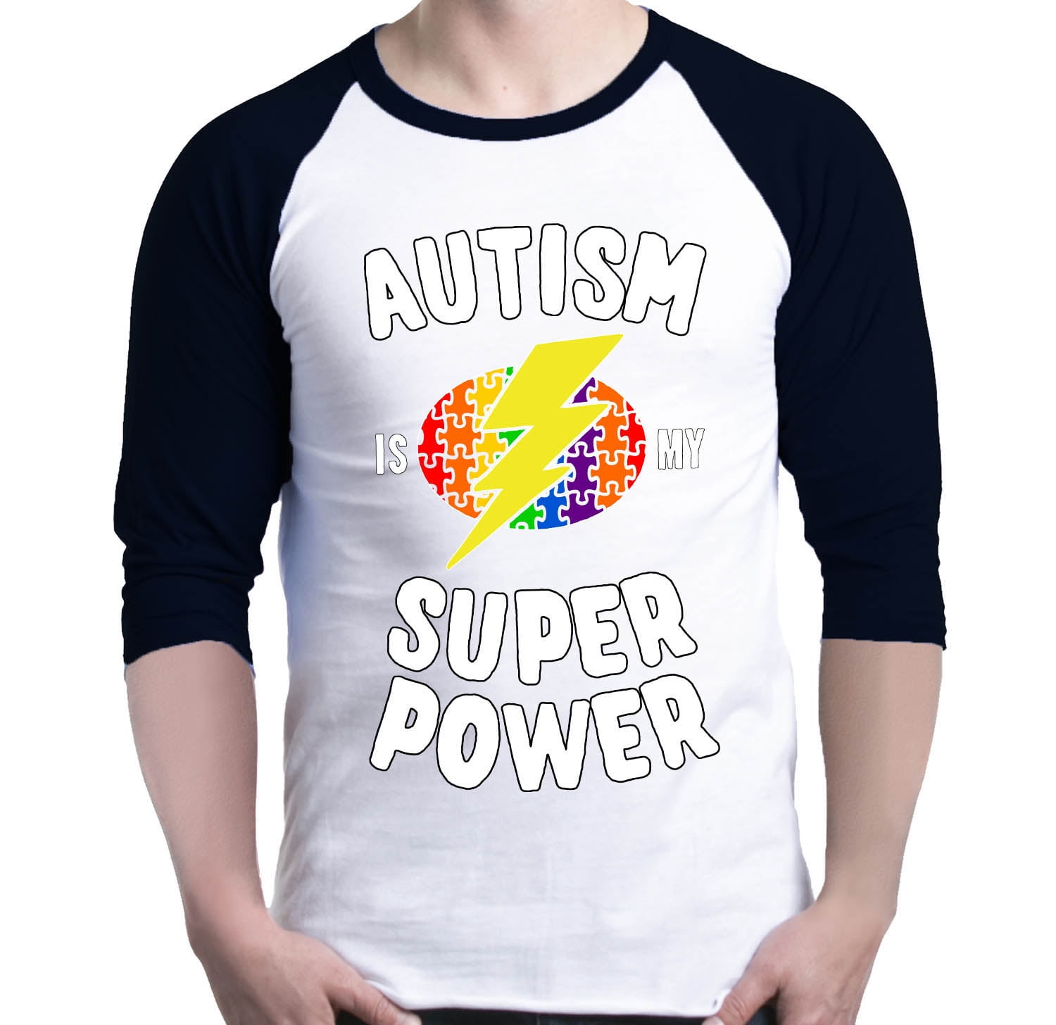 Shop4Ever Men's Autism Is My Super Power Autism Awareness Raglan Baseball Shirt X-Small White/Black