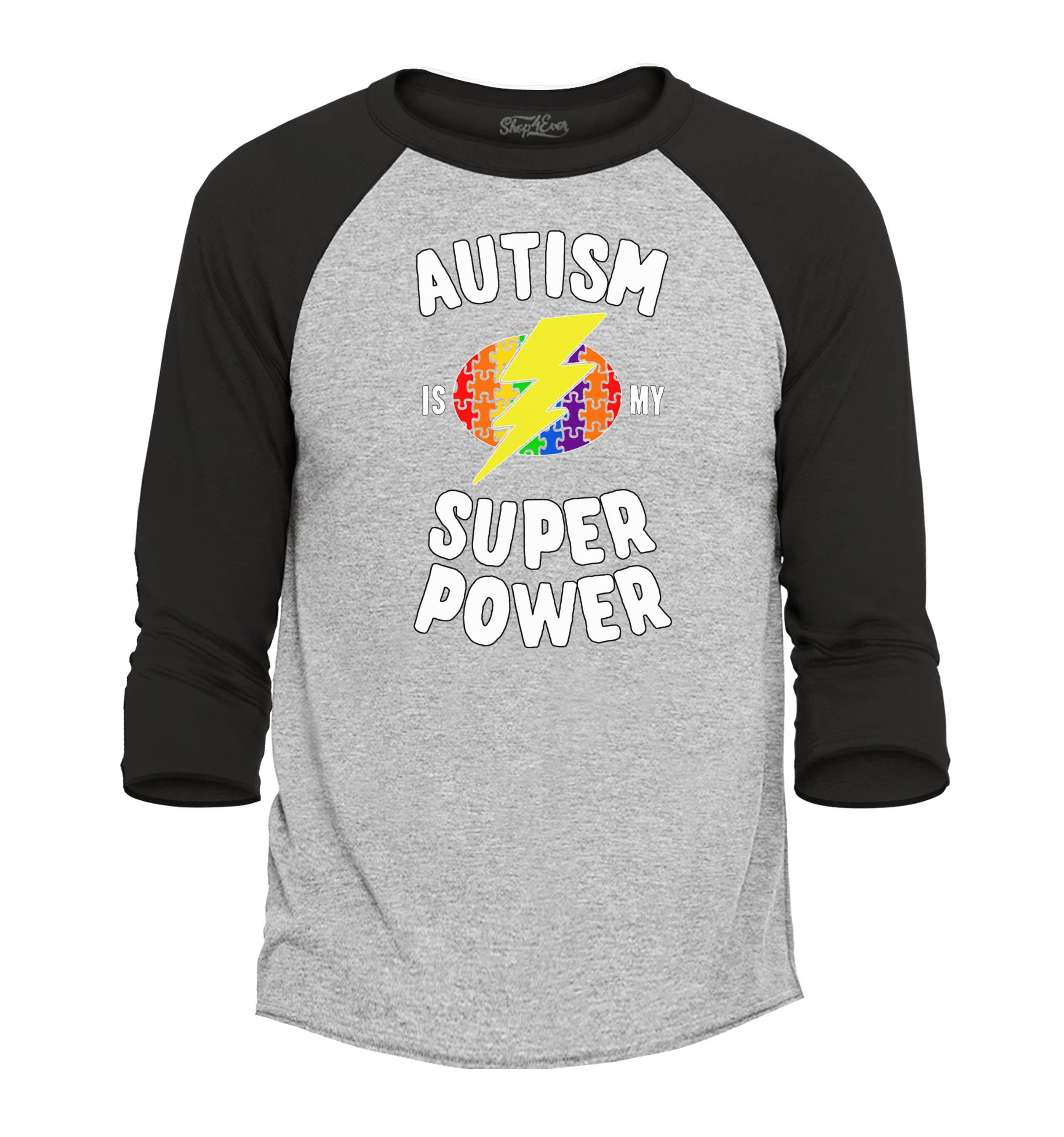 Shop4Ever Men's Autism Is My Super Power Autism Awareness Raglan Baseball Shirt XXX-Large Heather Grey/Black
