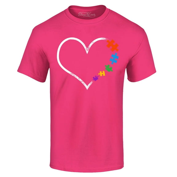 Shop4Ever Men's Autism Love Heart Puzzle Pieces Graphic T-shirt Small Heliconia Pink