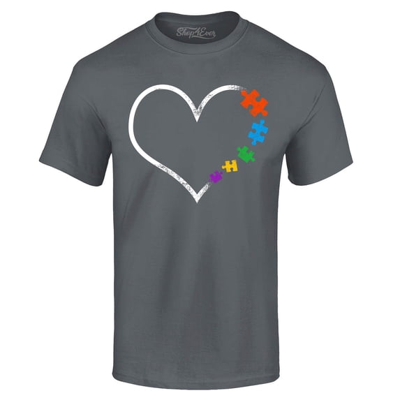 Shop4Ever Men's Autism Love Heart Puzzle Pieces Graphic T-shirt XXXXX-Large Charcoal