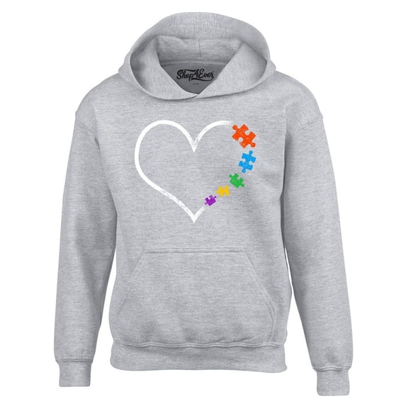 Shop4Ever Men's Autism Love Heart Puzzle Pieces Hooded Sweatshirt Hoodie Large Sports Grey