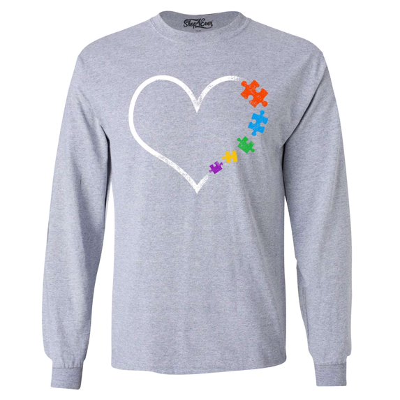 Shop4Ever Men's Autism Love Heart Puzzle Pieces Long Sleeve Shirt Small Sports Grey