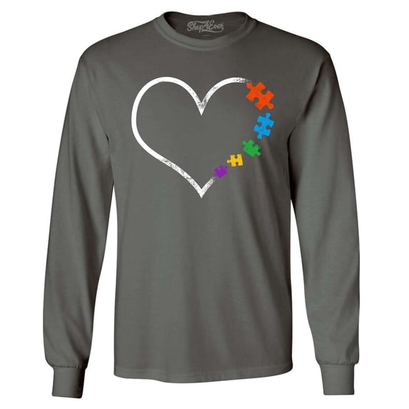 Shop4Ever Men's Autism Love Heart Puzzle Pieces Long Sleeve Shirt XX-Large Charcoal