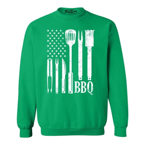 Shop4Ever Men's BBQ American Flag USA Grill Cook Crewneck Sweatshirt Small Irish Green