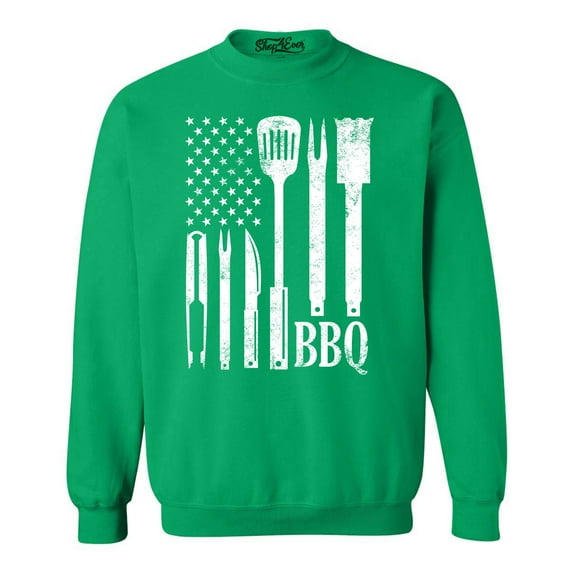 Shop4Ever Men's BBQ American Flag USA Grill Cook Crewneck Sweatshirt XXX-Large Irish Green