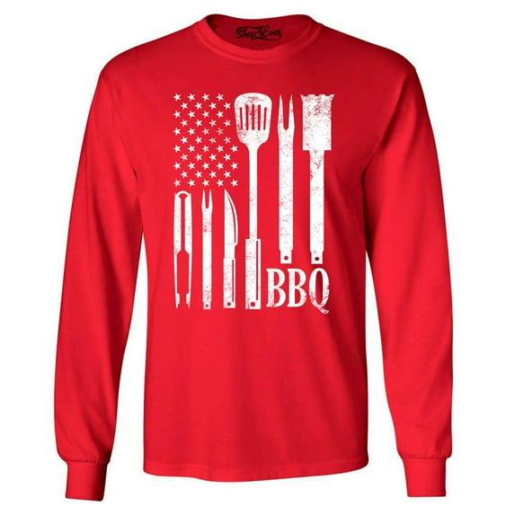 Shop4Ever Men's BBQ American Flag USA Grill Cook Long Sleeve Shirt XX-Large Red