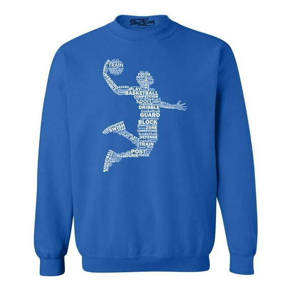 Shop4Ever Men's Basketball Player Dunk Silhouette Word Cloud Crewneck Sweatshirt Medium Royal Blue