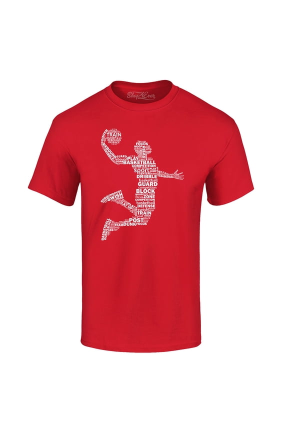 Men's Basketball Player Dunk Silhouette Word Cloud Graphic T-shirt Large Red