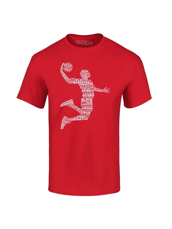 Men's Basketball Player Dunk Silhouette Word Cloud Graphic T-shirt Medium Red