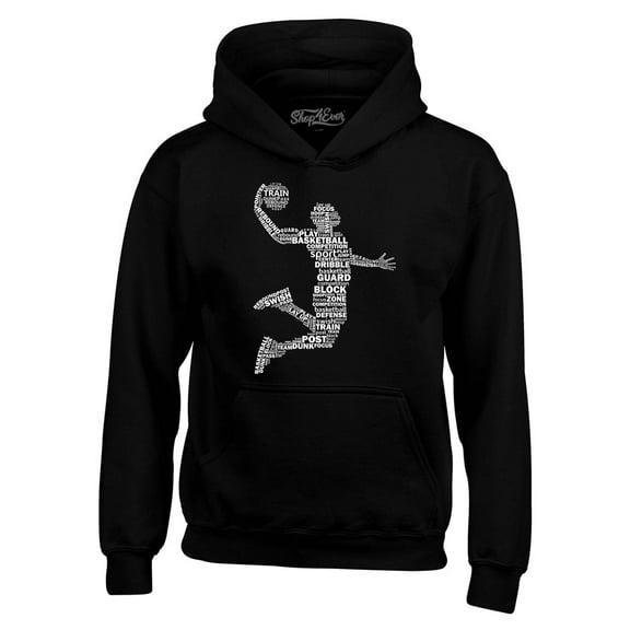 Shop4Ever Men's Basketball Player Dunk Silhouette Word Cloud Hooded Sweatshirt Hoodie Large Black