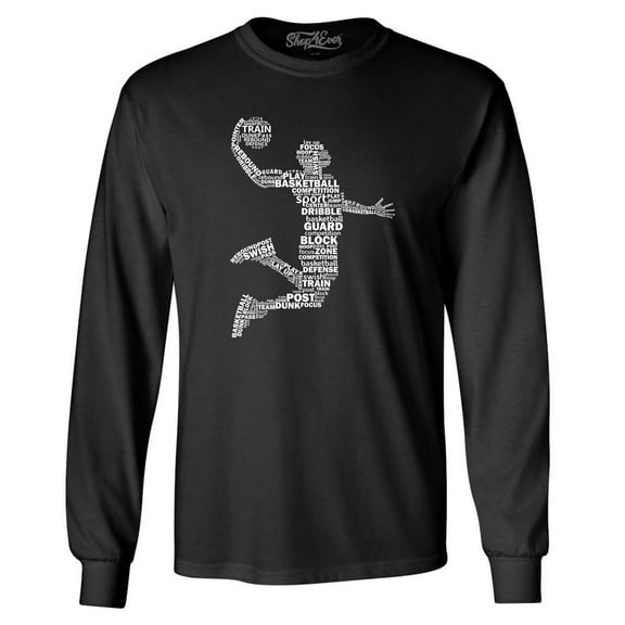 Shop4Ever Men's Basketball Player Dunk Silhouette Word Cloud Long Sleeve Shirt Small Black