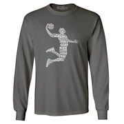 Shop4Ever Mens Basketball Player Dunk Silhouette Word Cloud Long Sleeve Shirt Small Charcoal