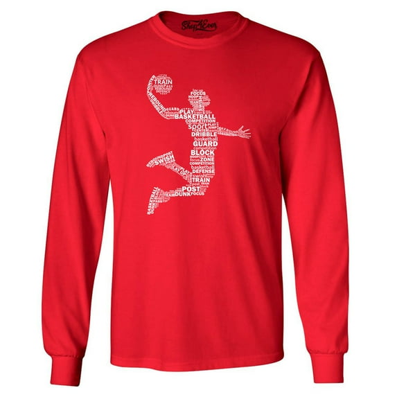 Shop4Ever Men's Basketball Player Dunk Silhouette Word Cloud Long Sleeve Shirt X-Large Red