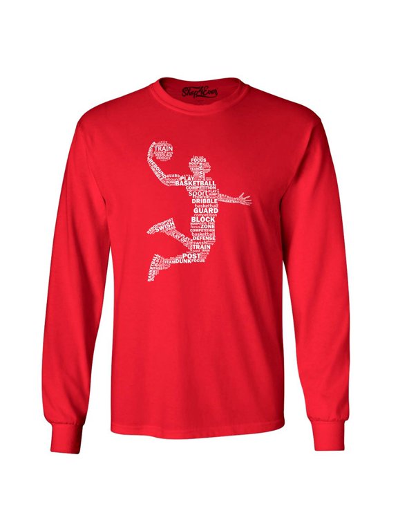 Men's Basketball Player Dunk Silhouette Word Cloud Long Sleeve Shirt X-Large Red