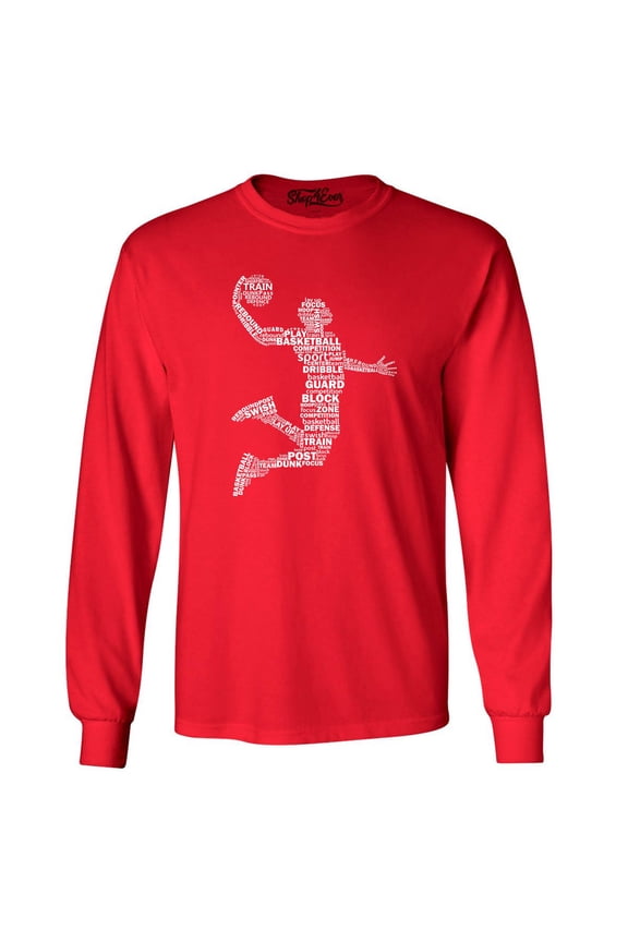Men's Basketball Player Dunk Silhouette Word Cloud Long Sleeve Shirt X-Large Red