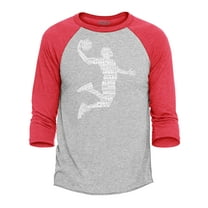 Shop4Ever Men's Basketball Player Dunk Silhouette Word Cloud Raglan Baseball Shirt Medium Heather Grey/Red