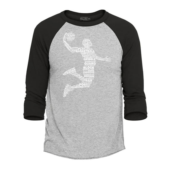 Shop4Ever Men's Basketball Player Dunk Silhouette Word Cloud Raglan Baseball Shirt X-Large Heather Grey/Black
