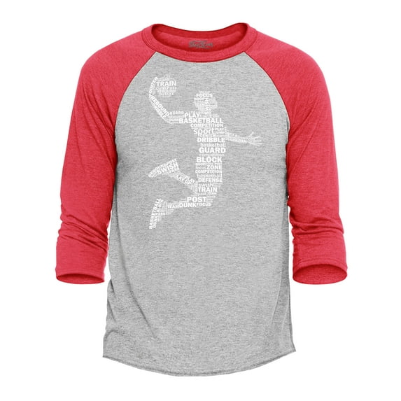 Shop4Ever Men's Basketball Player Dunk Silhouette Word Cloud Raglan Baseball Shirt XXX-Large Heather Grey/Red