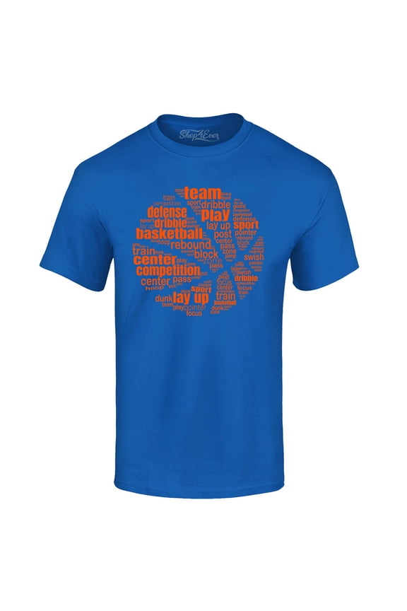 Men's Basketball Word Cloud Orange Ball Silhouette Graphic T-shirt Medium Royal Blue
