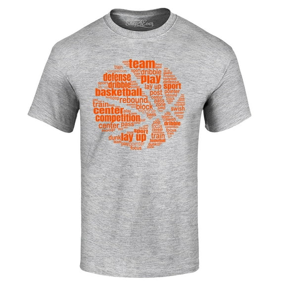 Shop4Ever Men's Basketball Word Cloud Orange Ball Silhouette Graphic T-shirt Medium Sports Grey