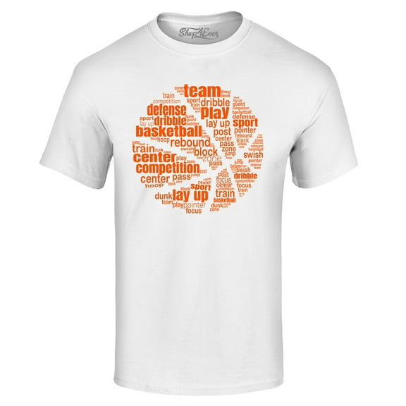 Shop4Ever Men's Basketball Word Cloud Orange Ball Silhouette Graphic T-shirt X-Large White
