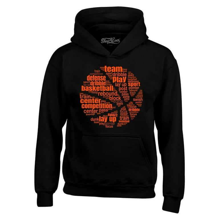 Shop4Ever Men s Basketball Word Cloud Orange Ball Silhouette Hooded Sweatshirt Hoodie X Large Black