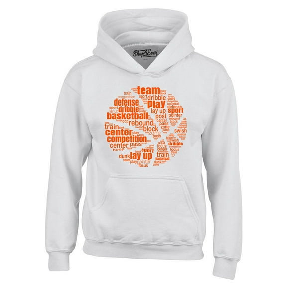 Shop4Ever Men's Basketball Word Cloud Orange Ball Silhouette Hooded Sweatshirt Hoodie XX-Large White