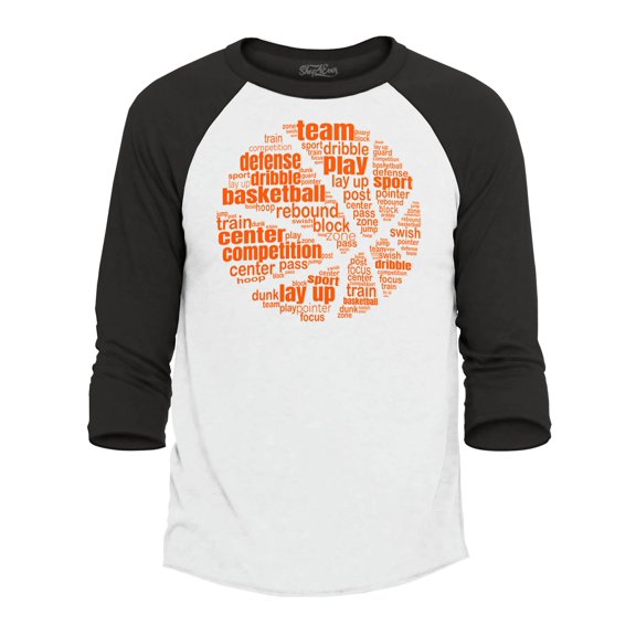 Shop4Ever Men's Basketball Word Cloud Orange Ball Silhouette Raglan Baseball Shirt X-Large White/Black