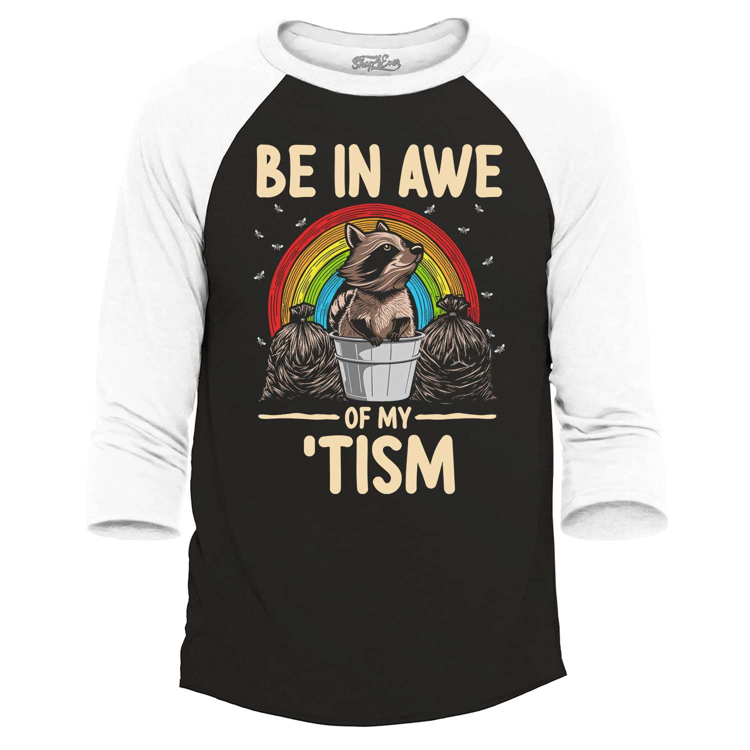 Shop4Ever Men's Be in Awe of My 'Tism Autism Awareness Raccoon Raglan Baseball Shirt Medium Black/White