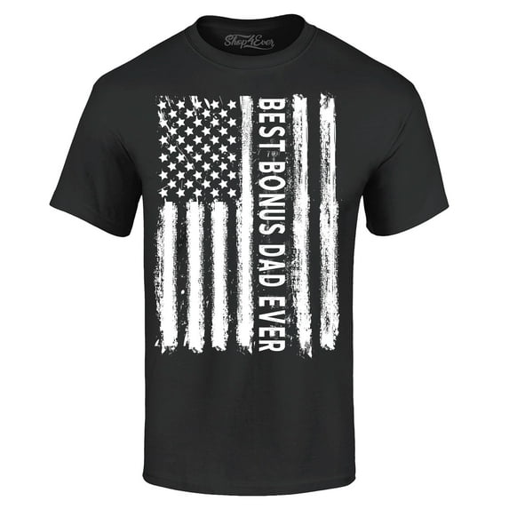 Shop4Ever Men's Best Bonus Dad Ever American Flag Patriotic Graphic T-shirt Medium Black