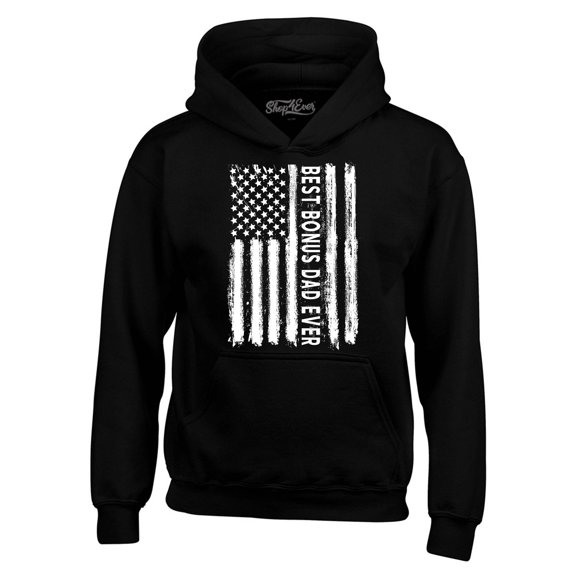 Shop4Ever Men's Best Bonus Dad Ever American Flag Patriotic Hooded Sweatshirt Hoodie Medium Black