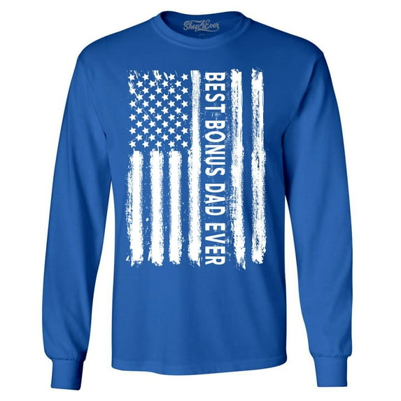Shop4Ever Men's Best Bonus Dad Ever American Flag Patriotic Long Sleeve Shirt Medium Royal Blue