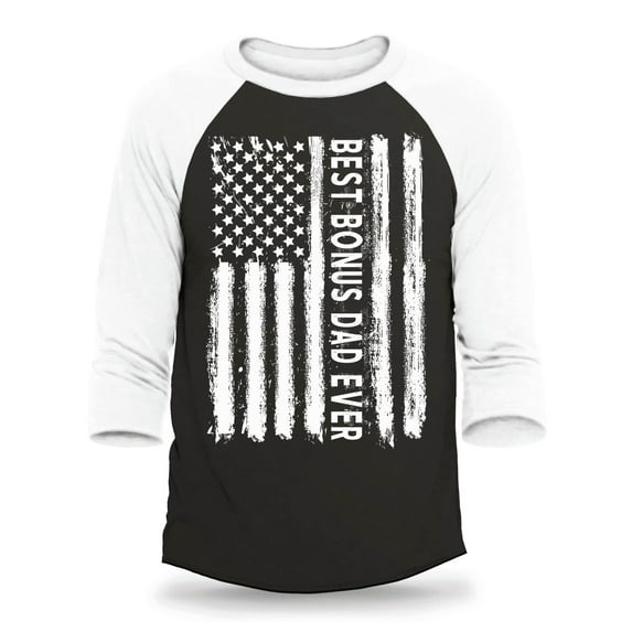 Shop4Ever Men's Best Bonus Dad Ever American Flag Patriotic Raglan Baseball Shirt Large Black/White