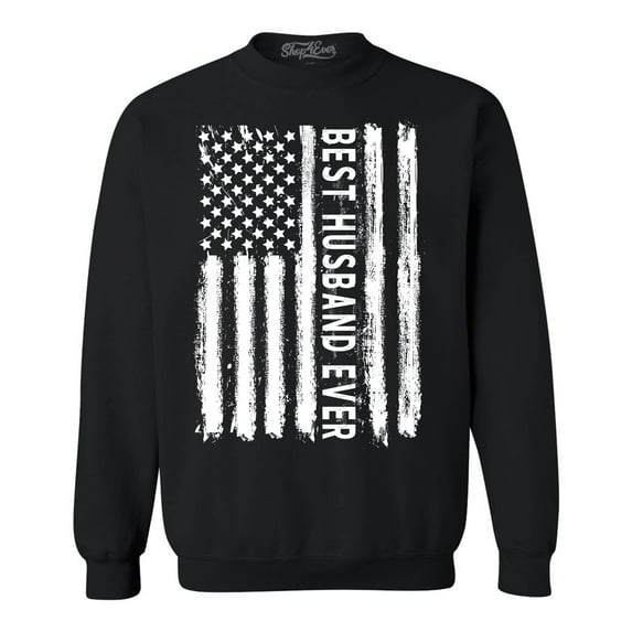 Shop4Ever Men's Best Husband Ever American Flag Patriotic Crewneck Sweatshirt Large Black