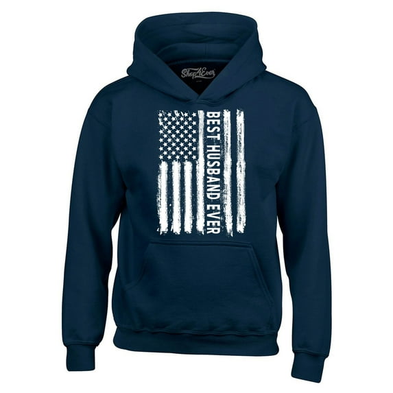 Shop4Ever Men's Best Husband Ever American Flag Patriotic Hooded Sweatshirt Hoodie Large Navy